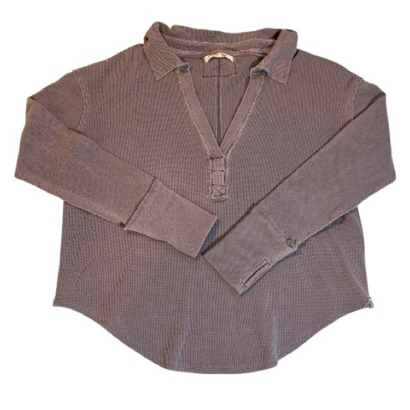 We The Free Distressed V-Neck Collared Waffle Top Heathered Purple Size Large - Picture 5 of 11
